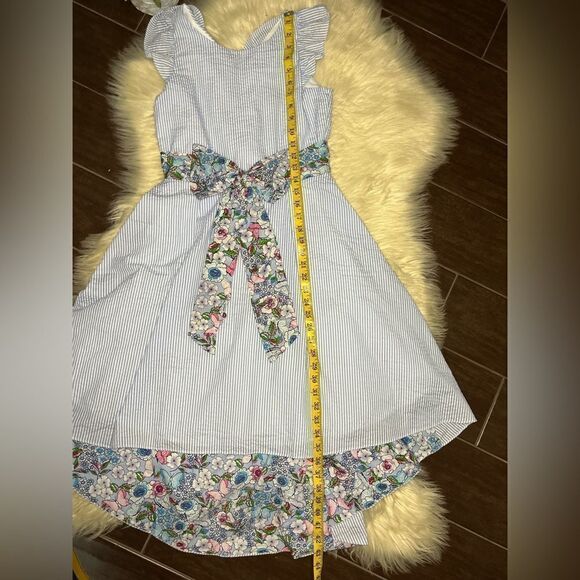 Rare Editions blue & white seersucker Sleeveless Flutter high low Dress sz 16 - Picture 8 of 8